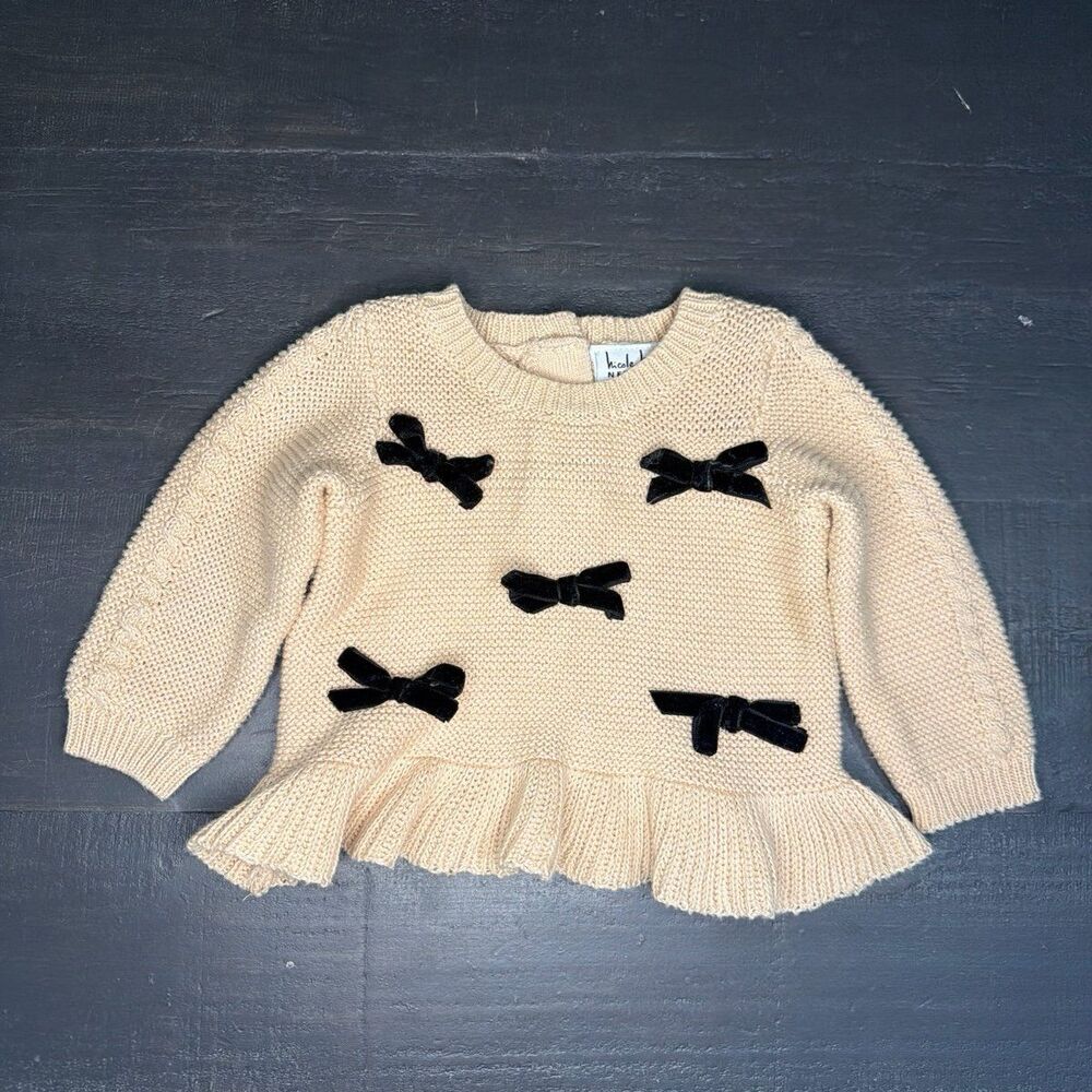Nicole Miller Baby Girls Cream Velvet Bow Ruffle Sweater